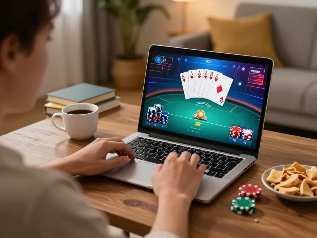 Engaged gamer playing poker online with 777x on laptop in a cozy setting