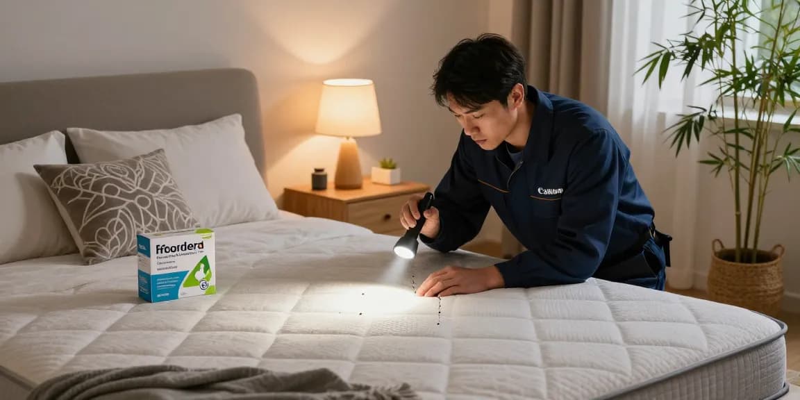 Bed bug control in a cozy bedroom with a professional exterminator inspecting for infestation signs.