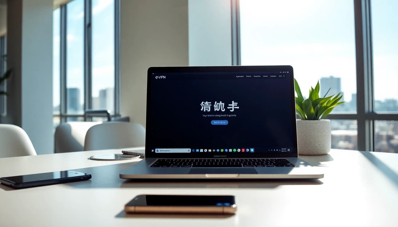 在现代化工作空间的笔记本电脑上显示的快连官网界面,象征数字自由与安全。