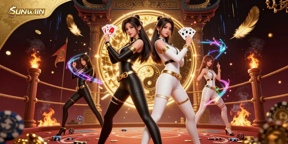 SUNWIN's vibrant twin Asian women celebrate online gambling, igniting excitement with casino elements.