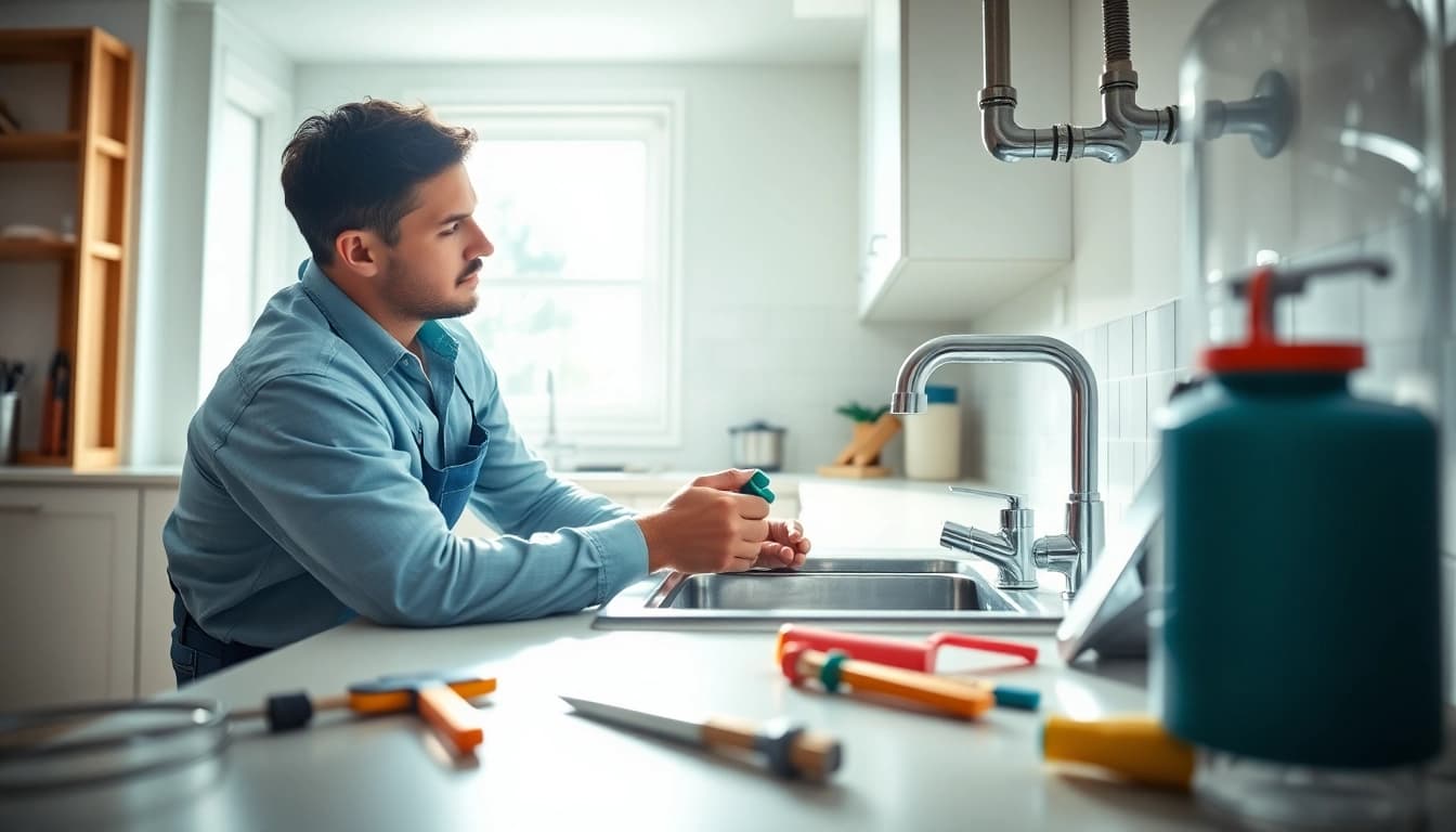Plumber near me fixing a leak in a modern kitchen with tools at hand.