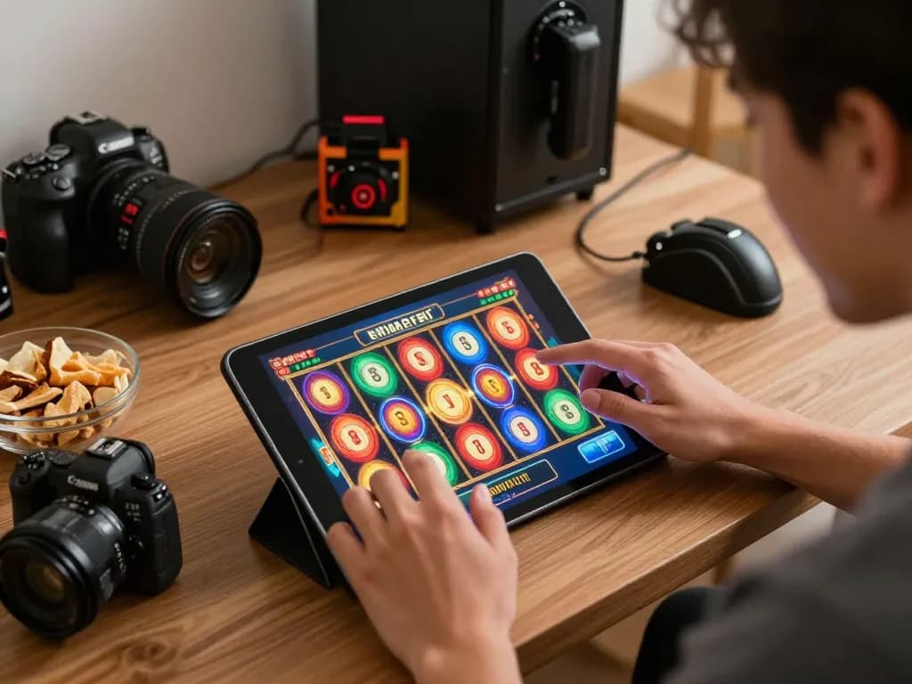 Engaged player enjoying Slot Malaysia gaming on a tablet in a cozy home setup