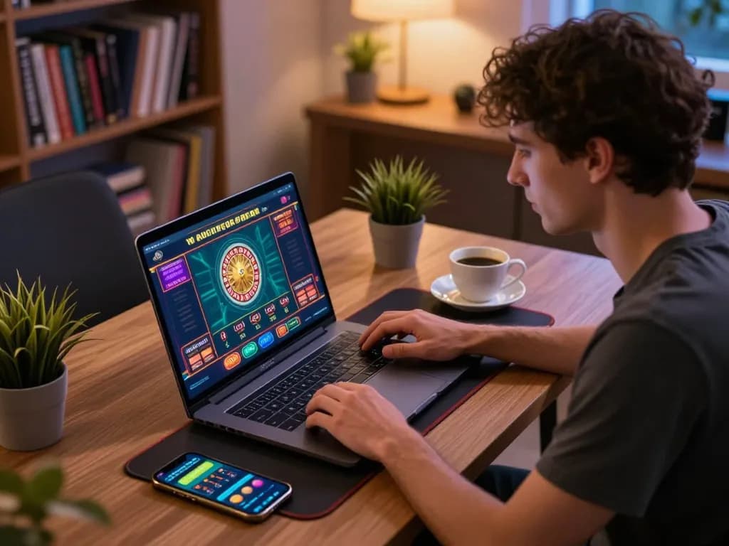 Player navigating sc88 online casino, focused on roulette game on laptop, cozy home setup with strategy notes