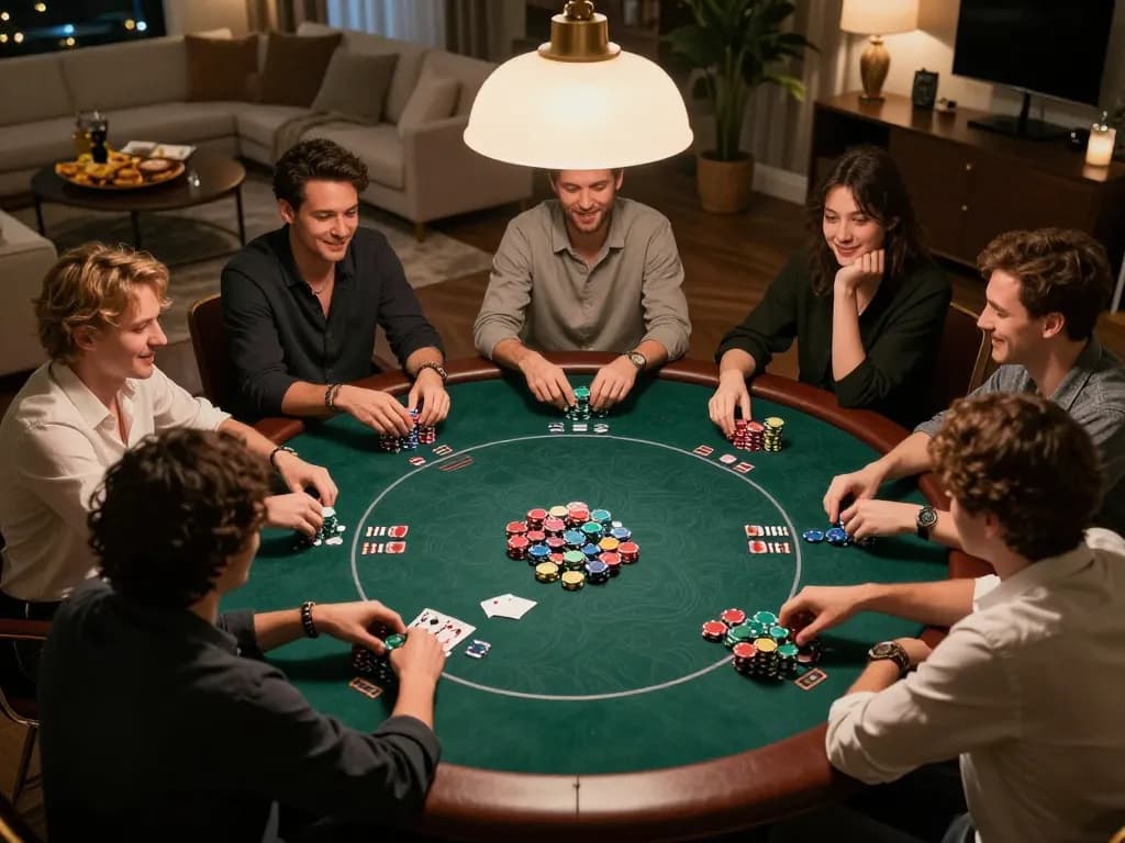 Players enjoying a lively poker game at home, embodying the AE888 TRANG CHỦ experience of strategic gameplay.