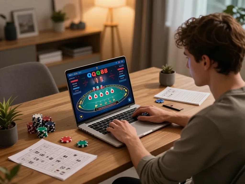 Engaged player experiencing qq88's live dealer game on laptop in a warm home office.
