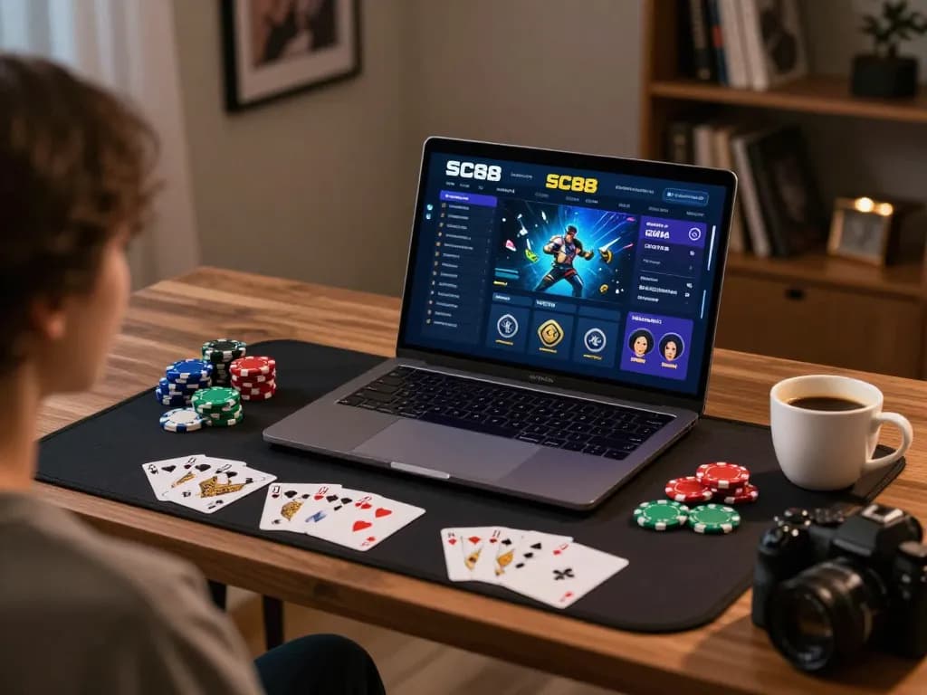 Engaged player exploring SC88 gaming interface on laptop in a cozy home setting.