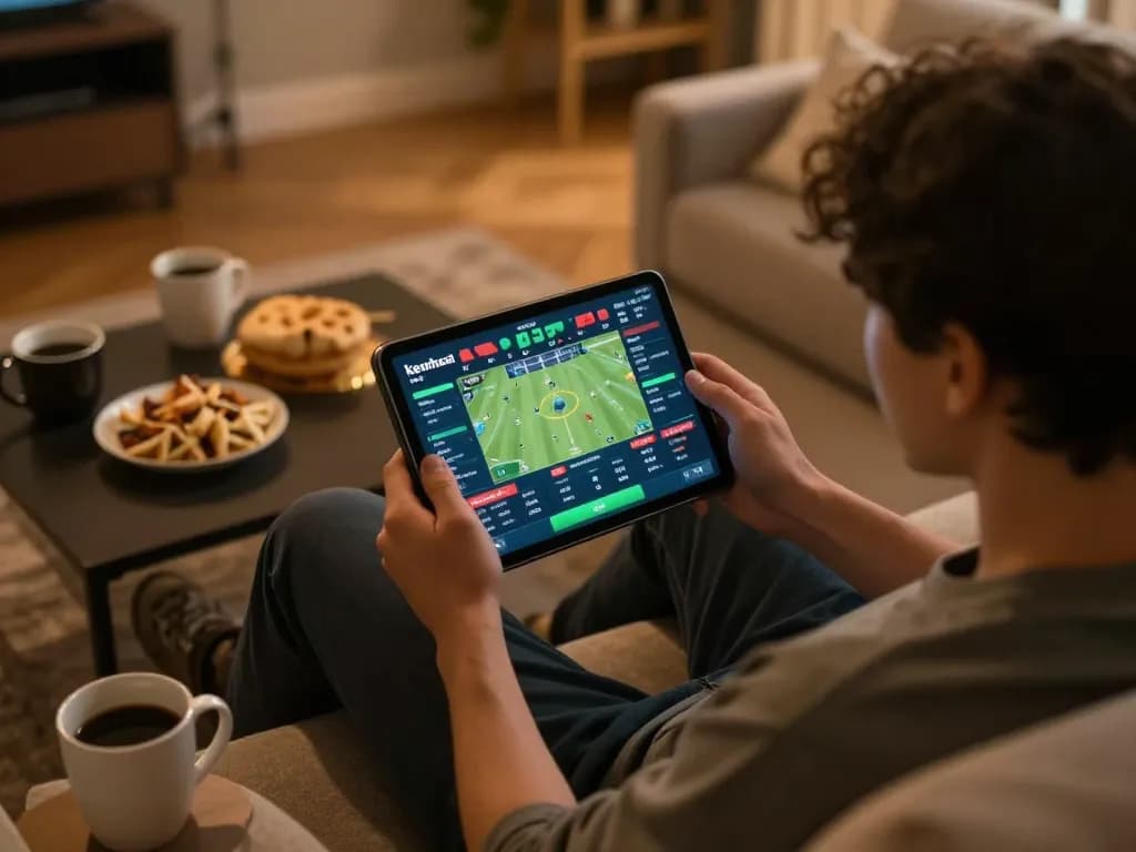 Engaging user interaction with keonhacai betting app on tablet while enjoying a cozy environment
