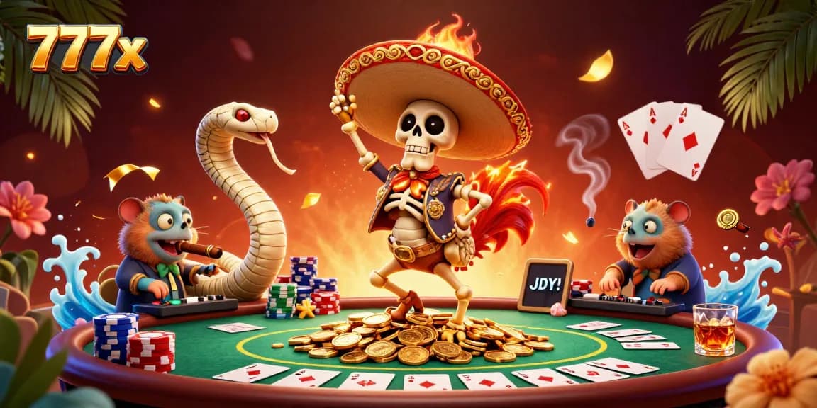 Experience thrilling gaming action at 777x with lively characters and vibrant casino elements.