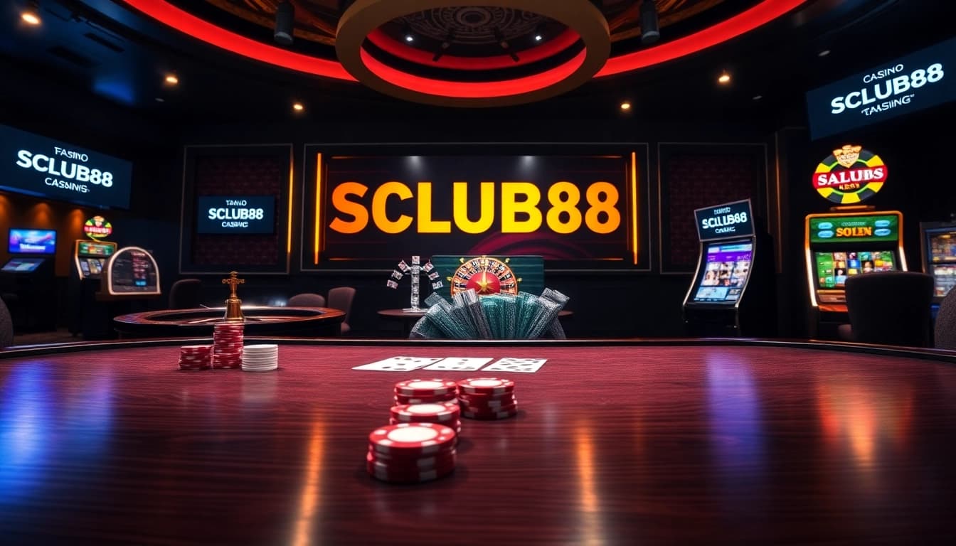 SCLUB88 offers thrilling online poker games with luxurious chips and vibrant casino lights.