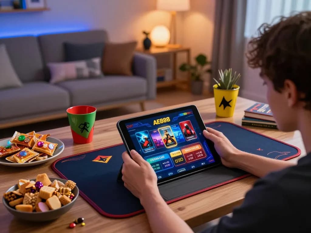 Person engaging with AE888 TRANG CHỦ on a tablet in a cozy home gaming setup.