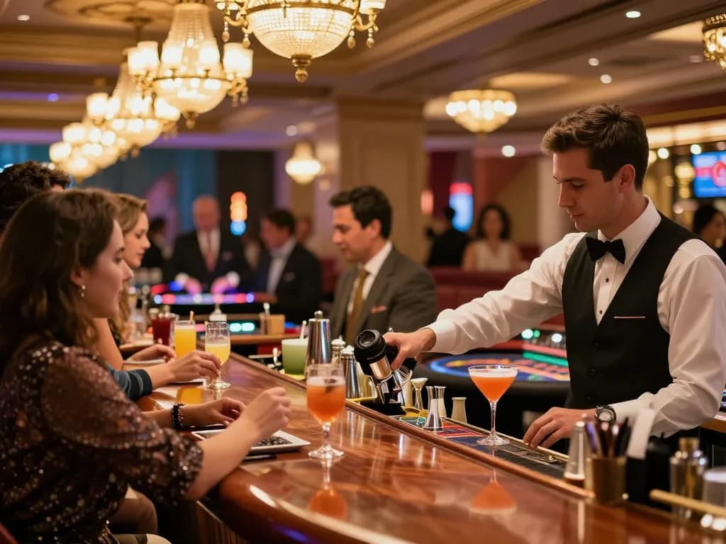 CM88 patrons enjoying cocktails at an upscale casino bar with roulette tables in the background