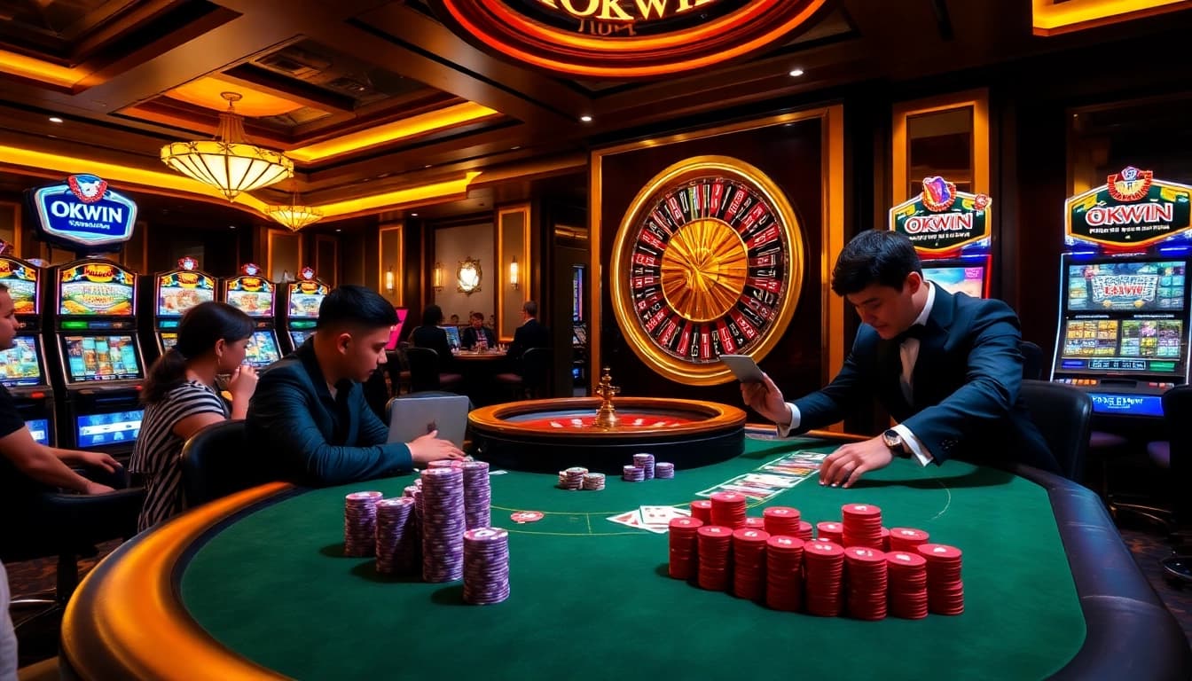 Players enjoying an exciting game at an OKWIN casino table, featuring poker chips and a roulette wheel.