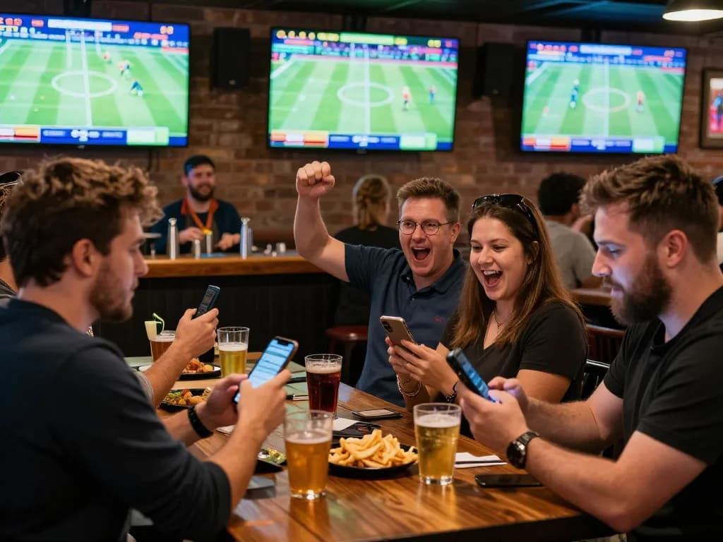 Tg8 enthusiasts engaging in exciting sports betting while analyzing odds at a lively bar.
