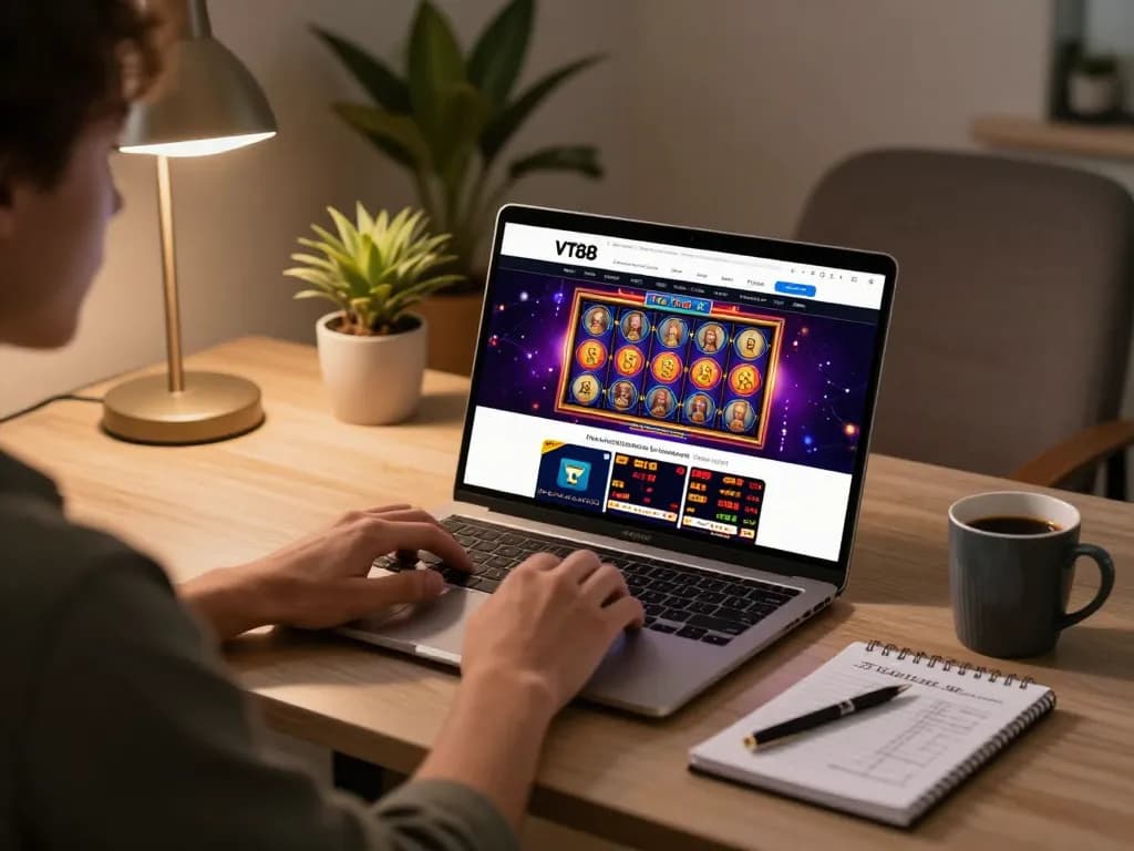 Engaging with VT88 online casino platform on a laptop in a cozy home setting while enjoying strategic gaming.
