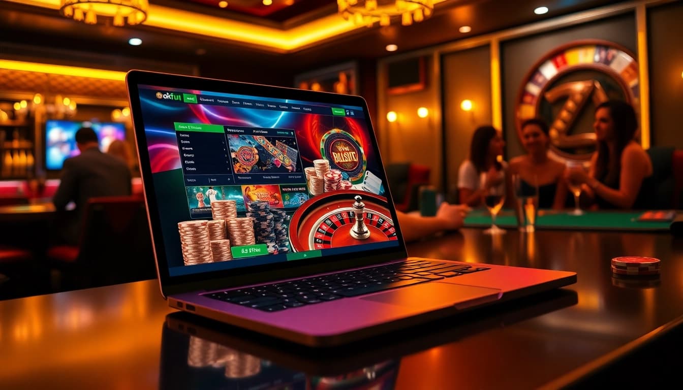 Engaged players enjoying exciting games at okfun online casino with colorful chips and roulette.