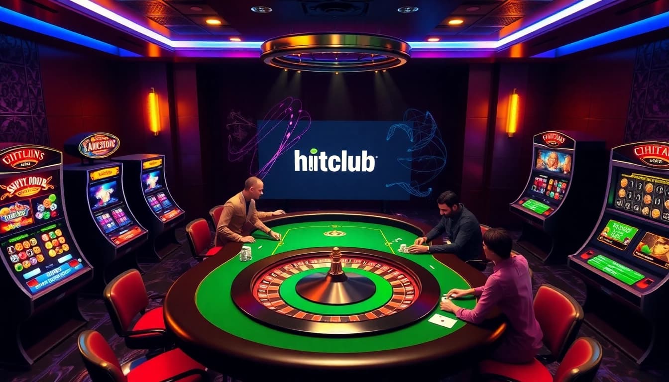 Hitclub online casino image featuring vibrant slot machines and live poker games.