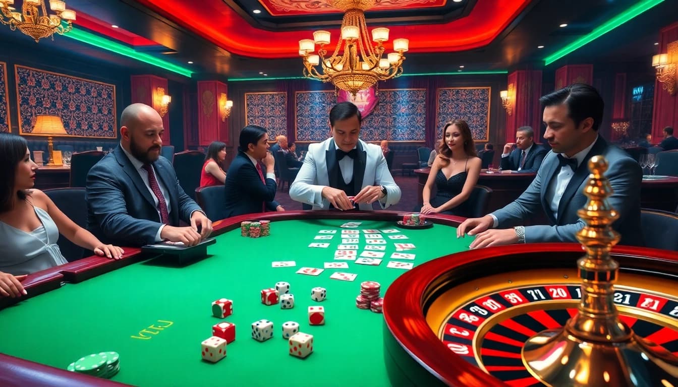 Engaging scene of players at a luxurious casino table with kuwin poker chips and vibrant atmosphere.