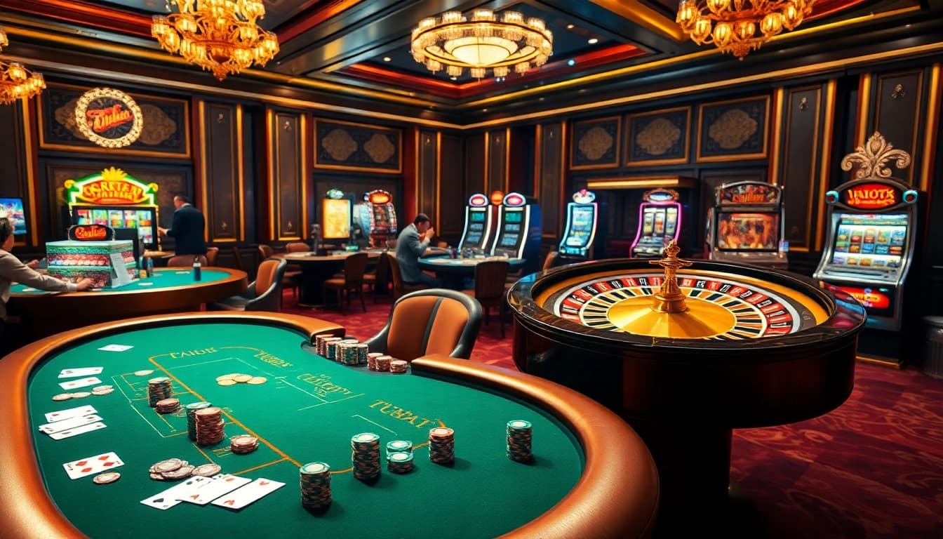 Experience the thrill of gambling at open88 with a vibrant casino scene showcasing poker, roulette, and slot machines.
