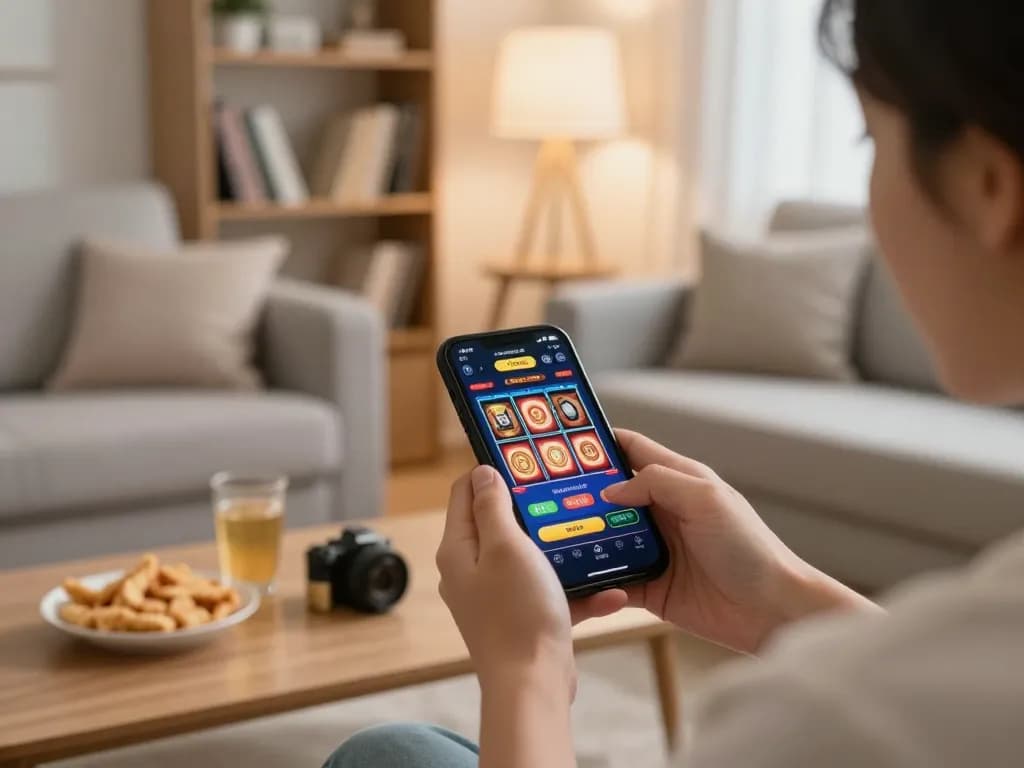Engaging with slot terbaru game on smartphone in a cozy home environment.