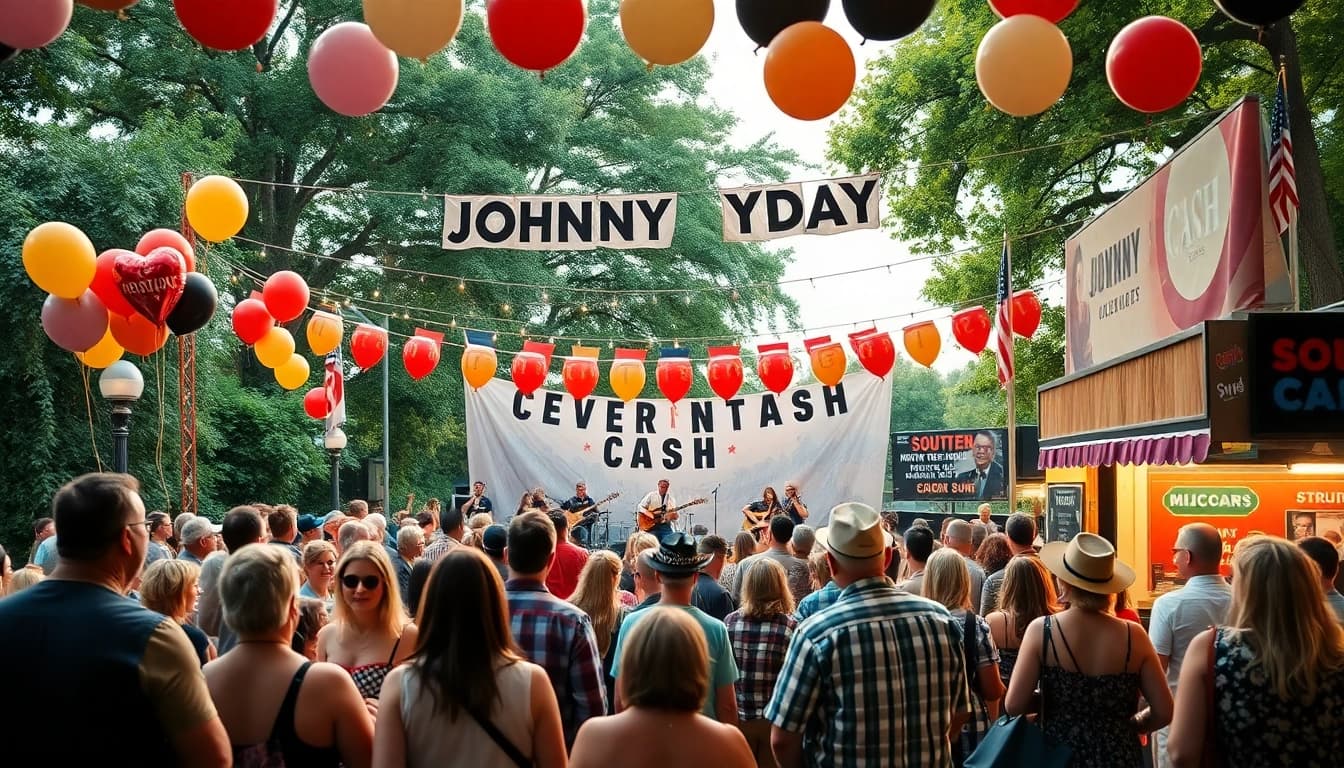 Celebrating Johnny Cash's birthday with lively fans enjoying music at johnnycashbirthday.com event.