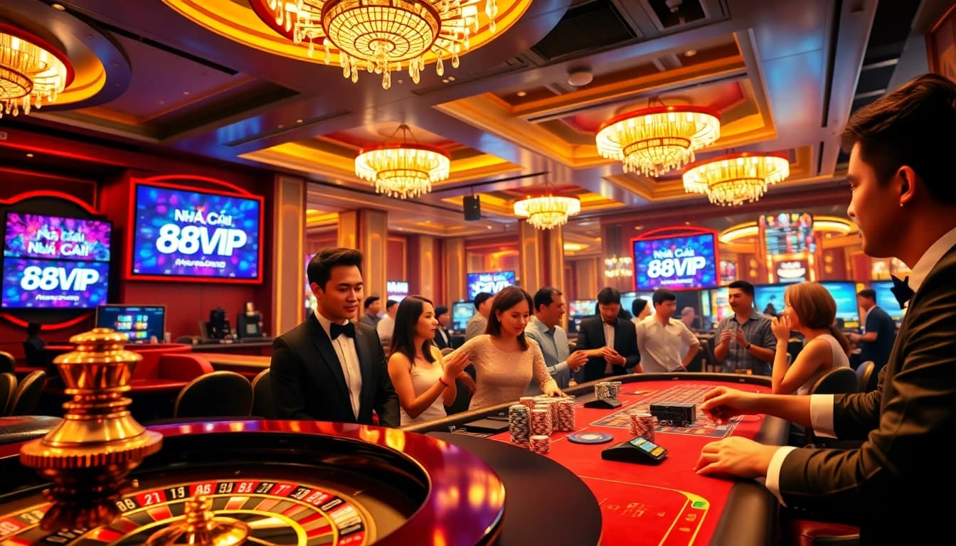 Players enjoying their time at Nhà Cái 68VIP casino with vibrant roulette wheel and poker chips.