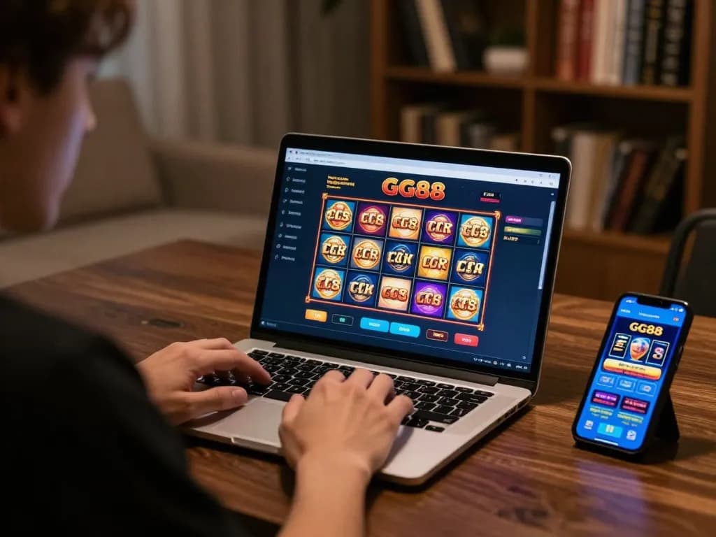 Player analyzing strategies on GG88 slot Link with laptop and smartphone in a cozy home setting.