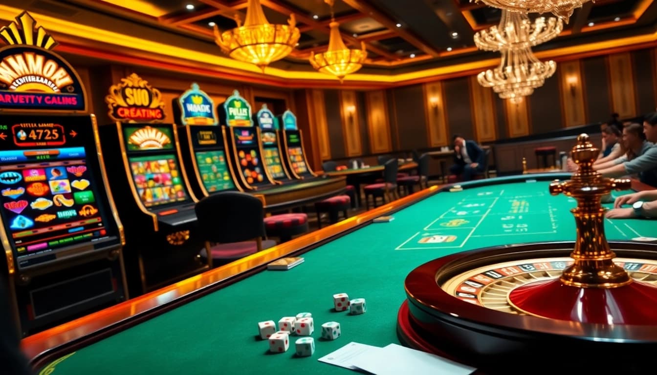 Experience the excitement of gambling at https://mmoo8.art/ with stunning casino visuals showcasing slot machines and poker tables.