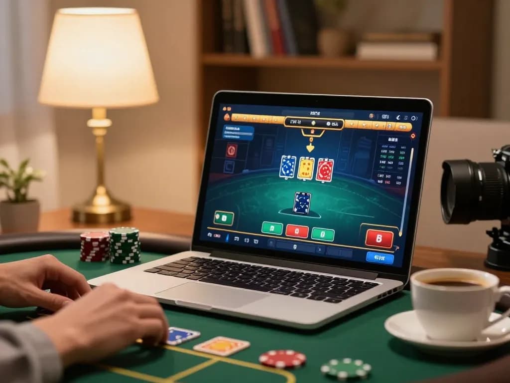 Play poker at da88 online casino with hands placing strategic bets, cozy home setting.