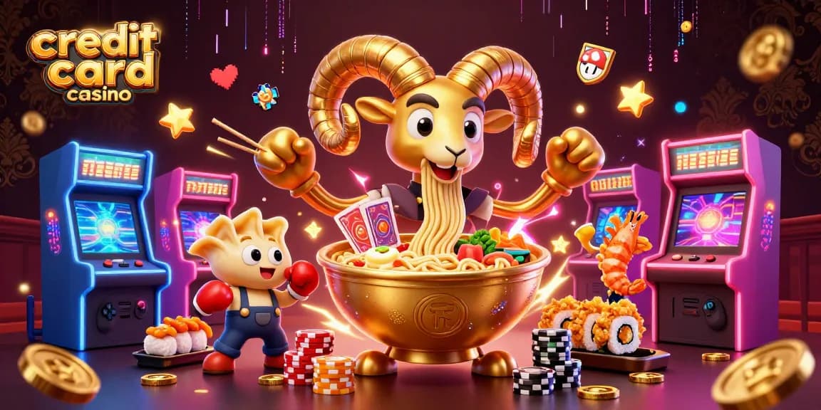 Engage with a vibrant credit card casino scene featuring unique characters and vivid gaming elements.