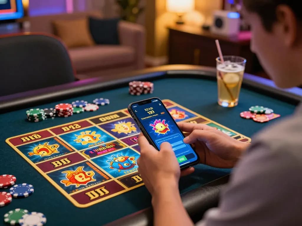 Exciting virtual casino scene with player using smartphone to tải hitclub app, vibrant graphics and games.