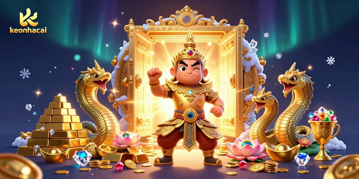 Experience keonhacai with vibrant 3D characters exploring golden treasure in a lively gaming environment.