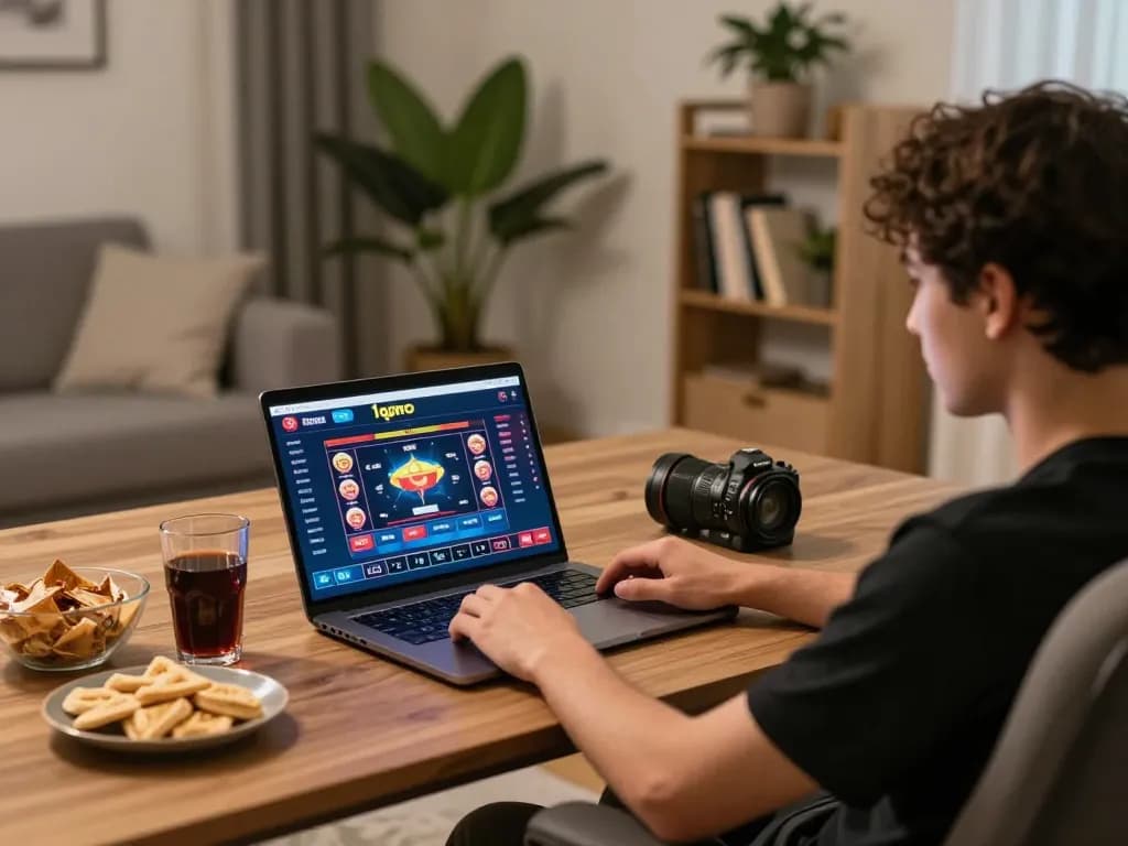 Player enjoying online gambling on 1gom platform from home setup, emphasizing strategic gameplay and relaxation.
