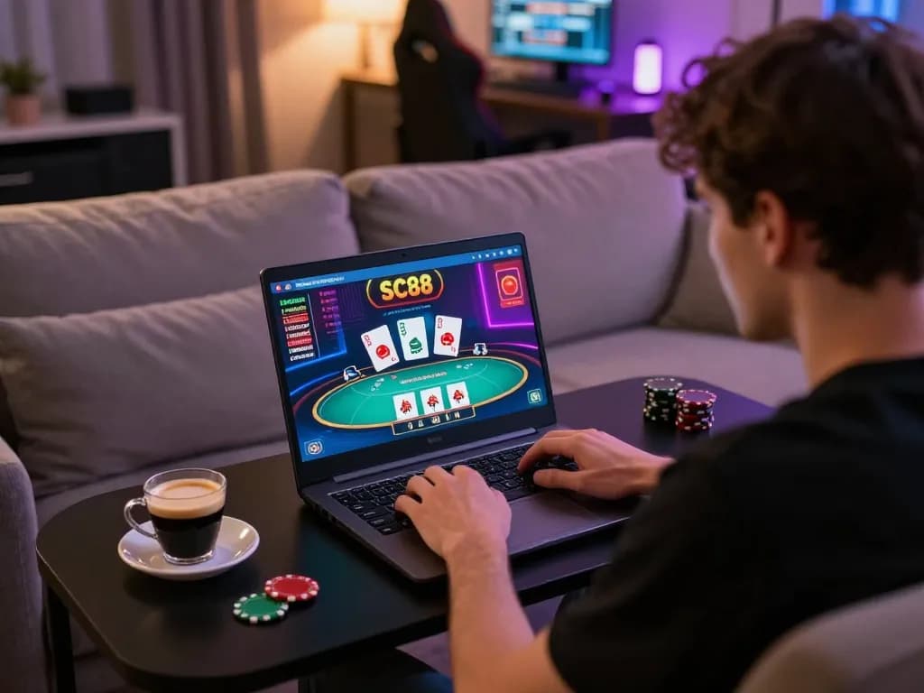 Engage with SC88 casino gameplay on a laptop in cozy home setting