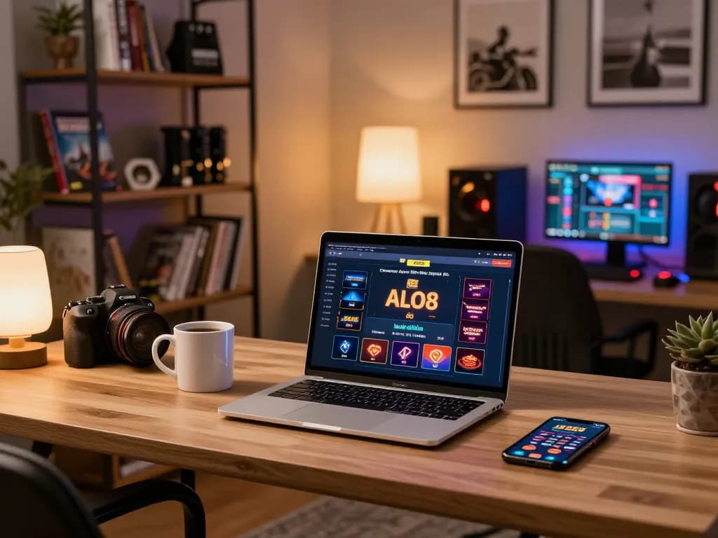Engaging in ALO8 online casino gameplay on a stylish laptop setup, highlighting strategic moments in a cozy environment.