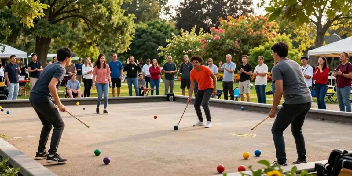 Exciting petanque match scene at fopikotaparepare.org, showcasing diverse players and community engagement in a sunny park.