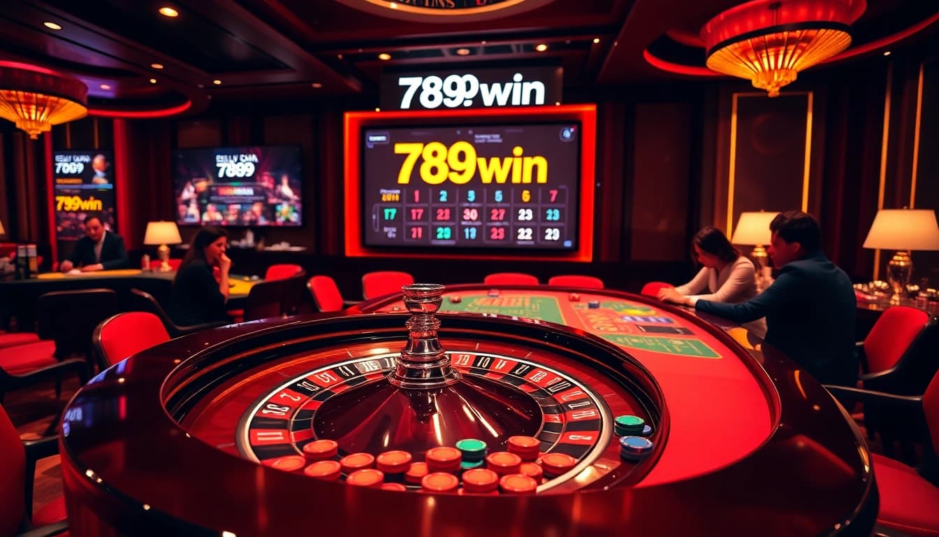 Action-packed poker table at 789win showcasing players and vibrant chips in a luxury casino setting.