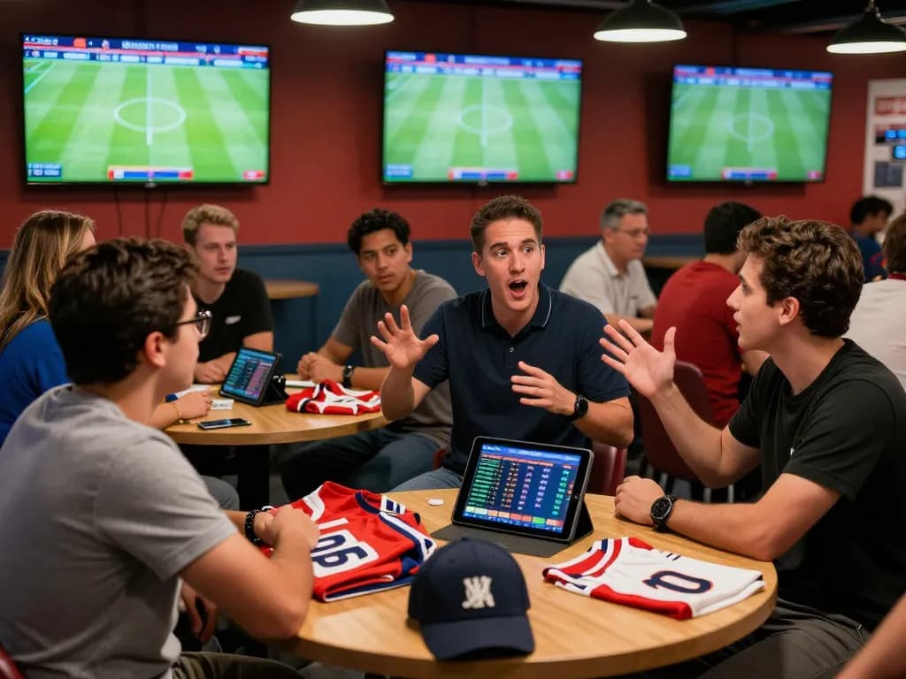Kèo bóng đá enthusiasts engaged in lively discussion in a vibrant sports betting lounge.
