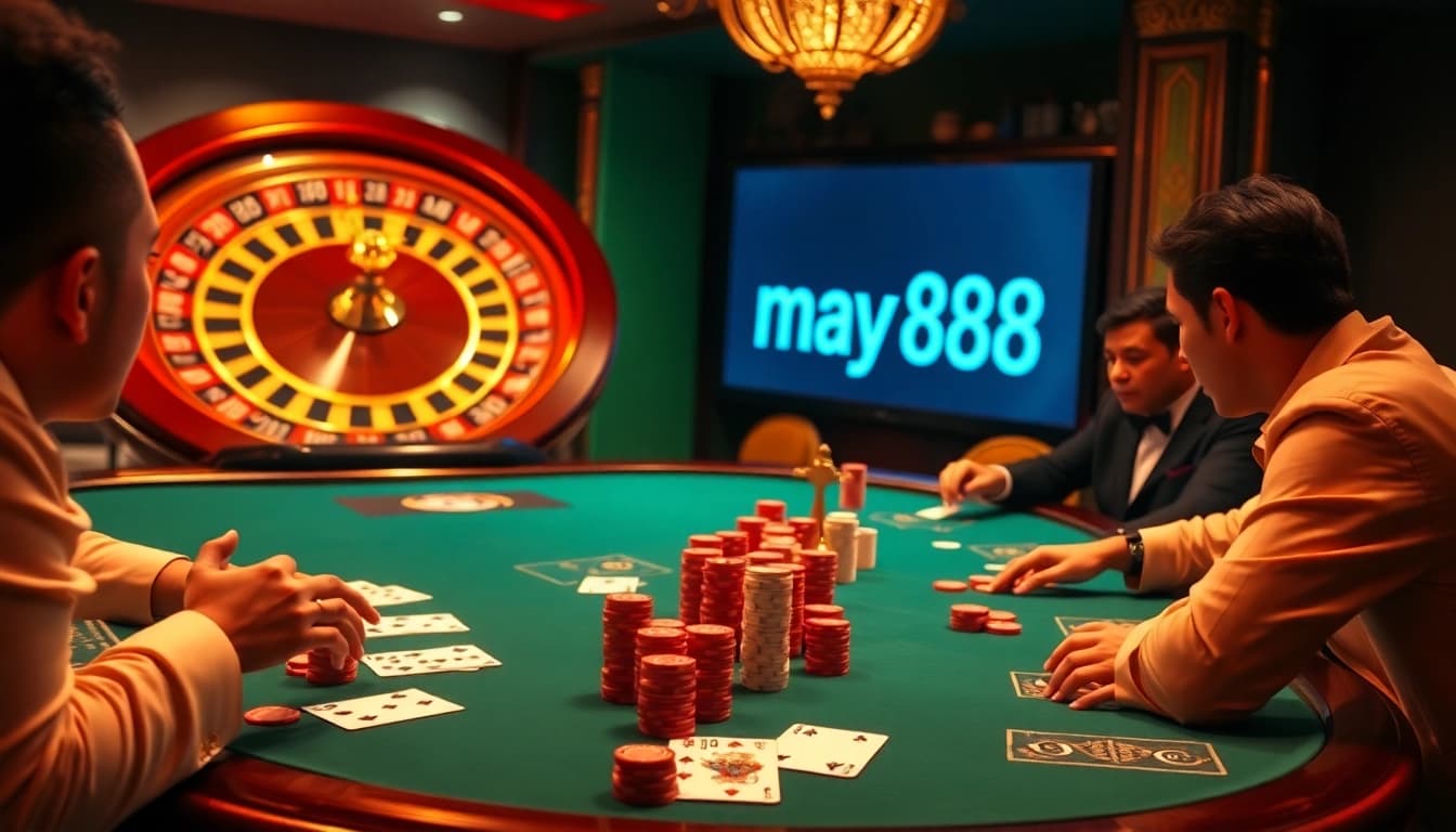 Experience the excitement of may88 com đăng ký at a luxurious poker table surrounded by vibrant gambling elements.