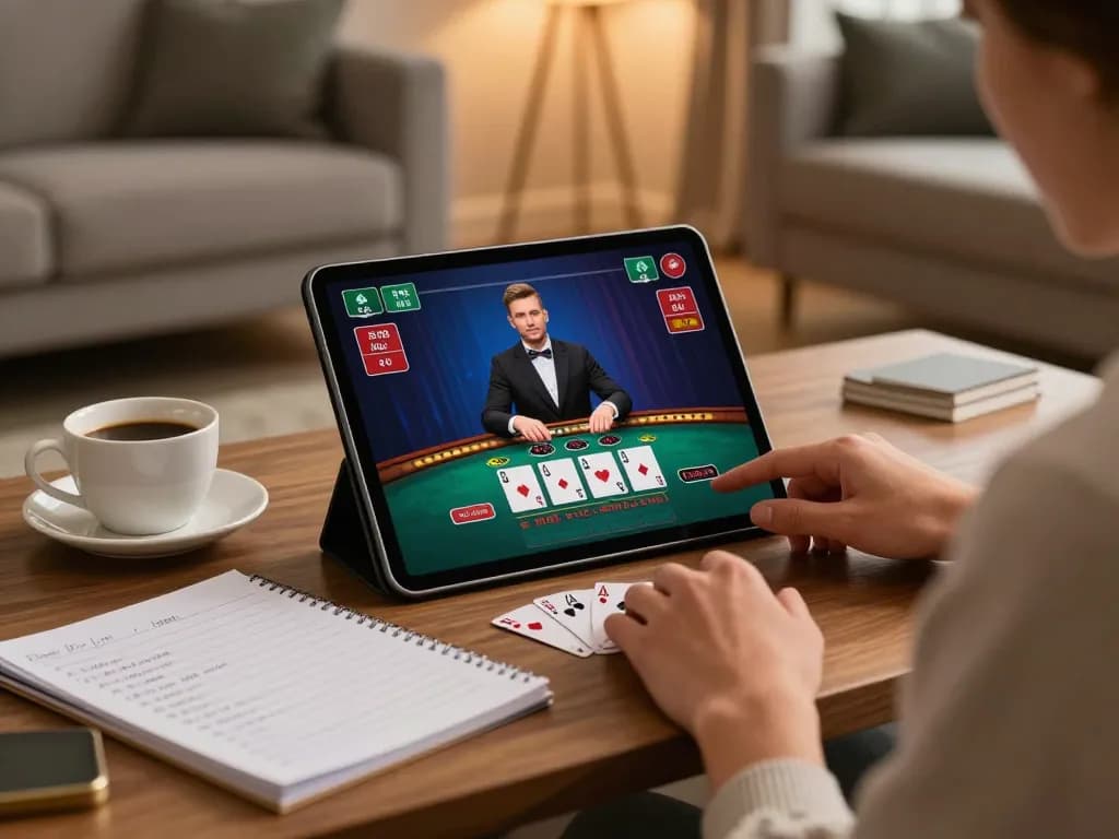F168 player enjoying live dealer blackjack on tablet, showcasing online gaming strategy and ambiance.