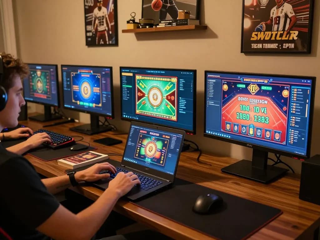 Engaging in TG88 online casino gaming from a stylish home setup with multiple screens