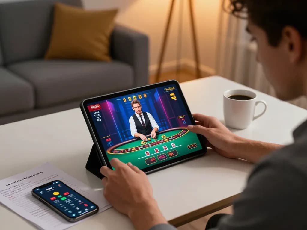 Engaging in a live dealer game on lucky88, showcasing strategic play and cozy home ambiance.