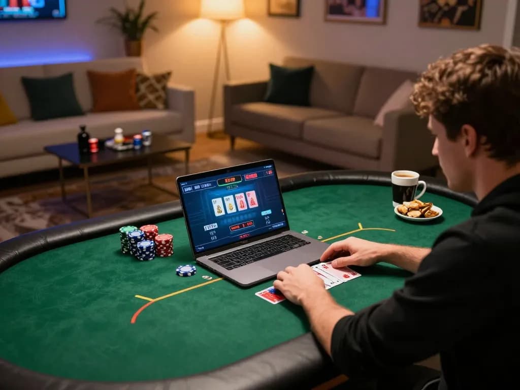 Player enjoying TR88 online poker, displaying strategy with cards and chips in a cozy setup