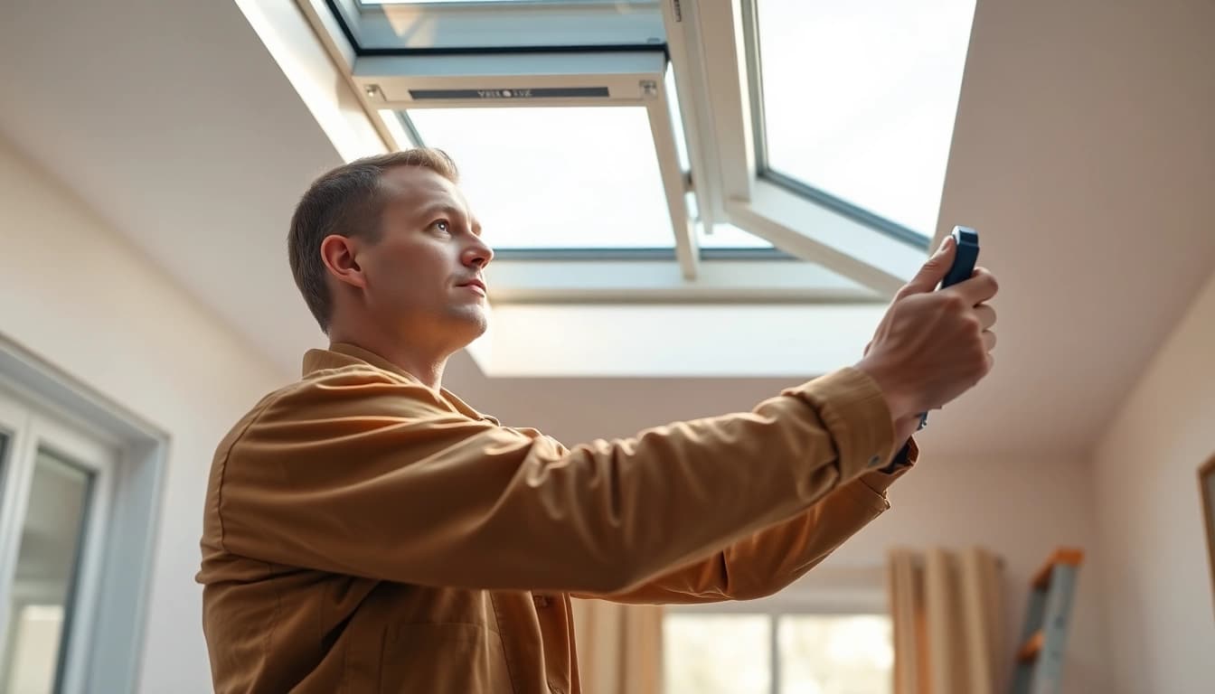 Expert technician performing Velux repairs on a skylight in a bright home.