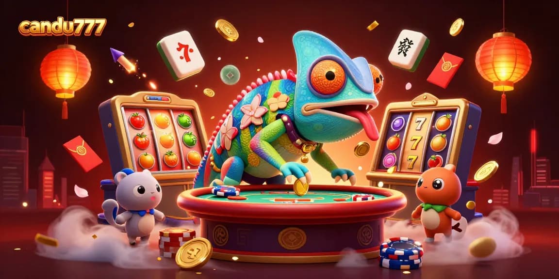 Candusto slot reels and chameleon casino character evoke winning excitement in an online gaming scene.