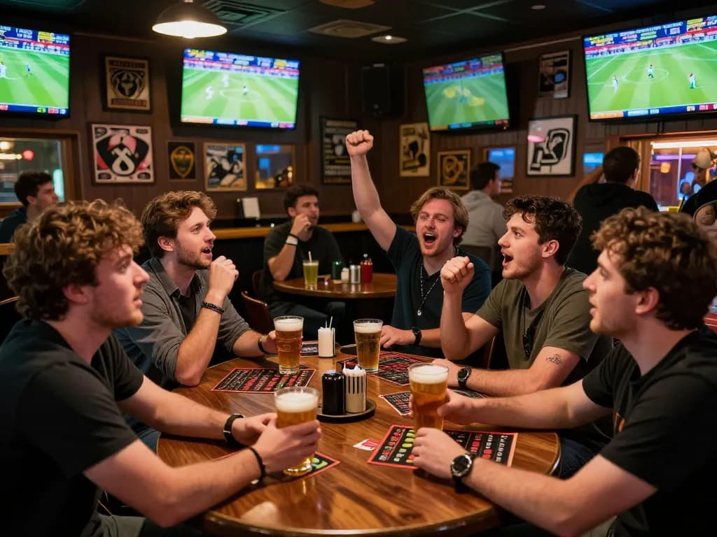 Fans engaging in thrilling sports betting action at a lively bar, showcasing 77bet excitement.