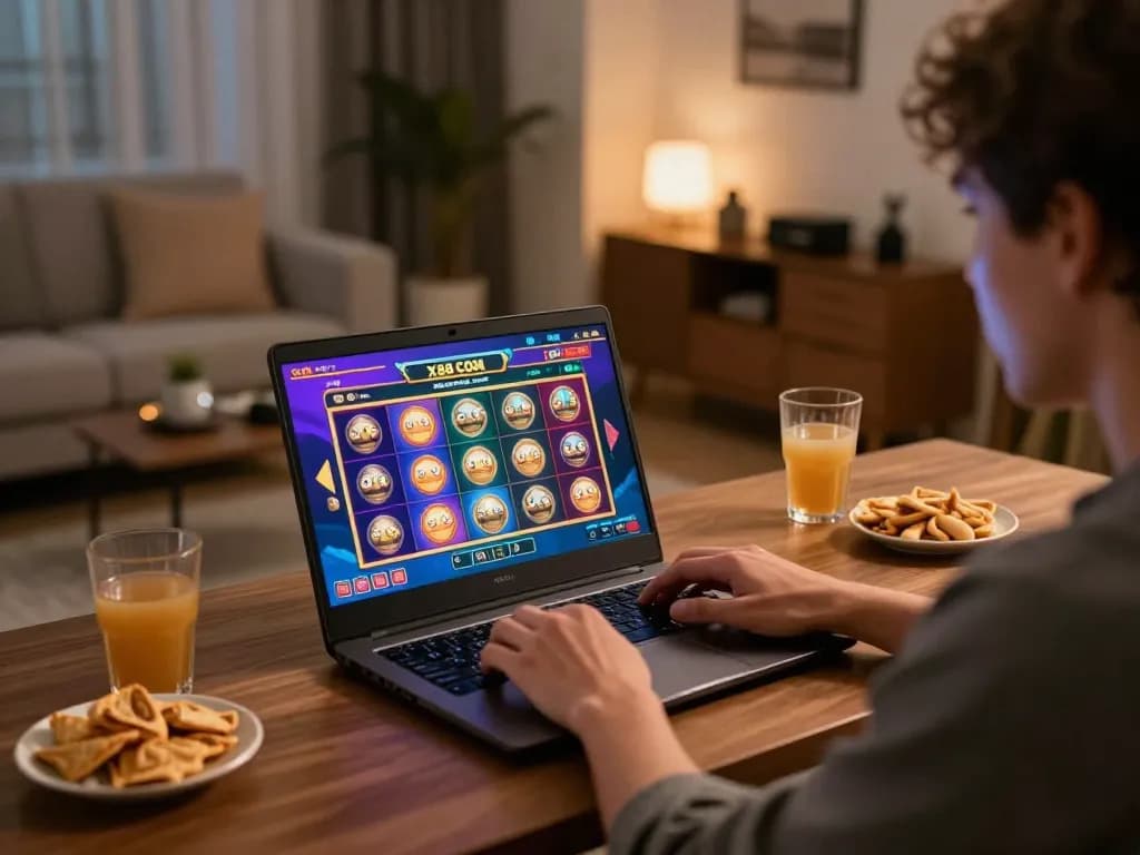 Engaging gaming experience at X88 COM with interactive slot game interface and cozy home setup.