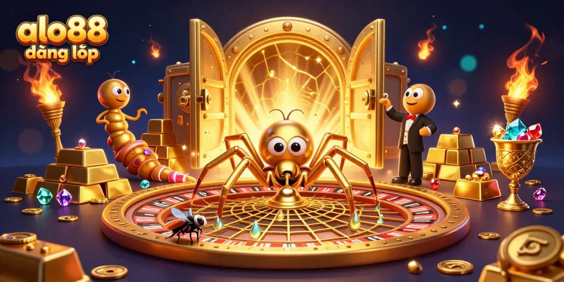 Bet at alo88 đăng nhập with enchanting casino visuals, featuring a spider and croupier in action.