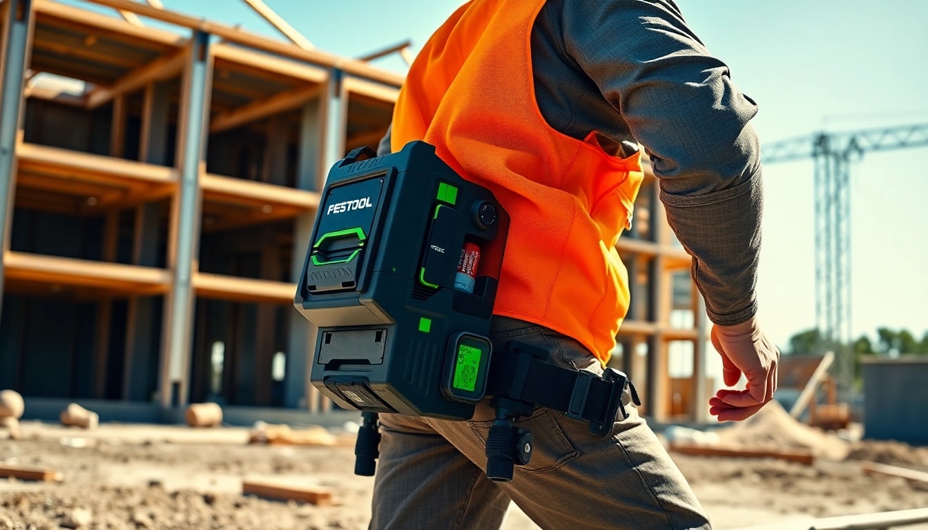 Worker utilizing Festool exoskeleton for enhanced productivity on-site.