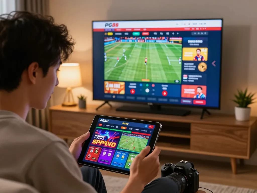 Engaged player betting on PG88 platform showcasing vibrant interface and live sports events in a cozy setting.