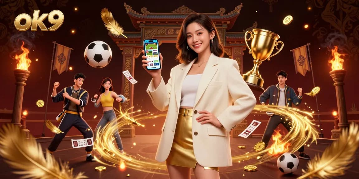 Engage with the ok9 sports betting app in a vibrant setting showcasing trophies and sports elements.